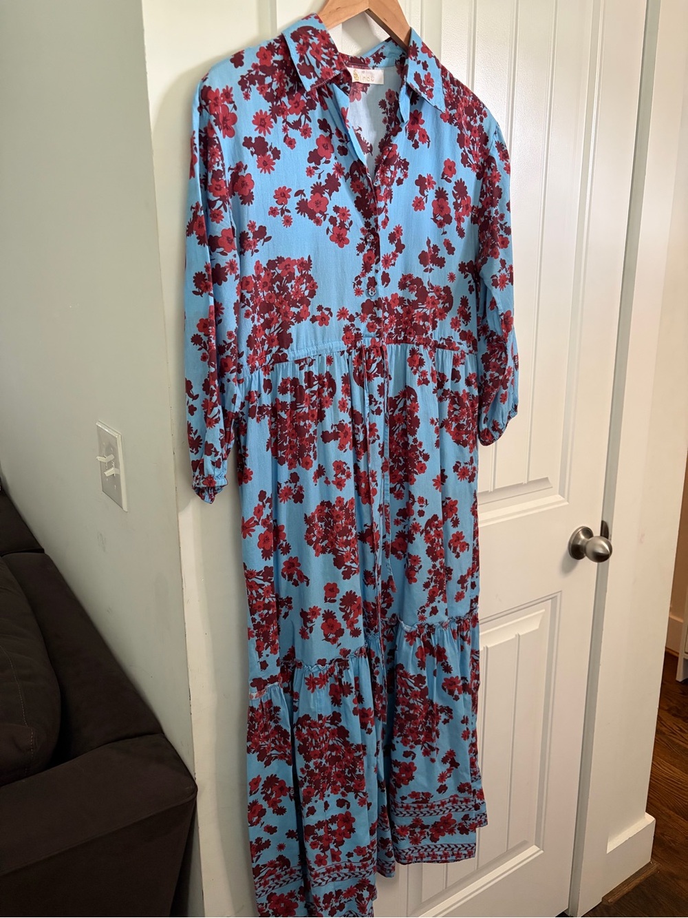 Bindu Elegant Floral Maxi Dress Blue Red Tiered Long Sleeve Cotton XS
